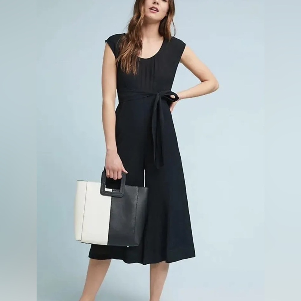 Anthropologie Abbey black textured short sleeve tie waist jumpsuit